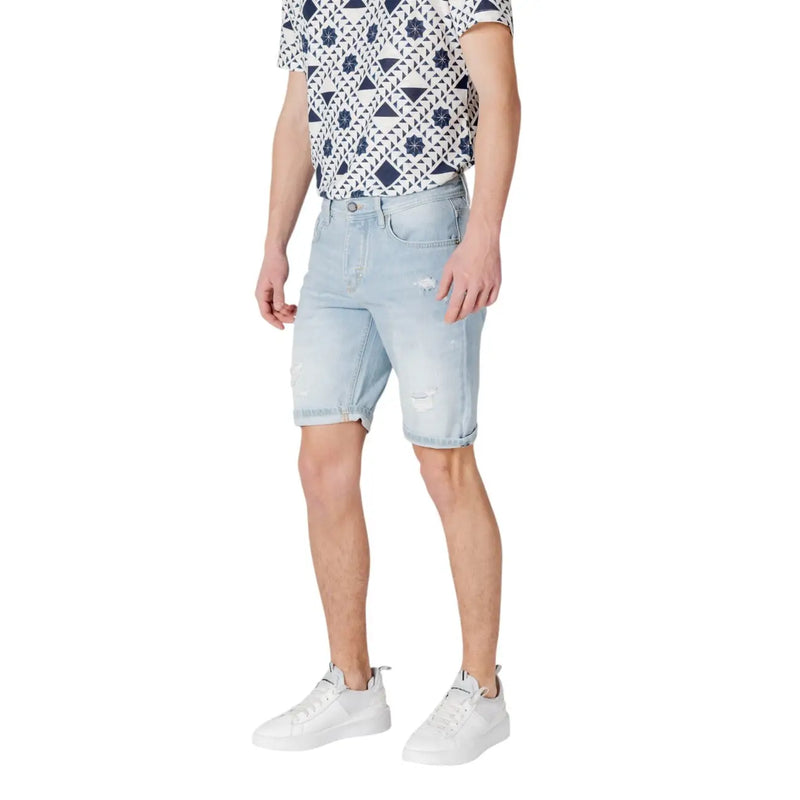 Antony Morato blue cotton light-wash denim shorts for men with distressed details and rolled cuffs for spring summer