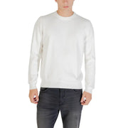 White crew neck sweater with long sleeves and ribbed cuffs, likely made of cotton or a similar soft fabric.
