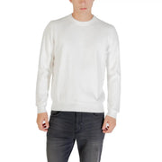 White crew neck sweater with long sleeves and ribbed cuffs, likely made of cotton or a similar soft fabric.