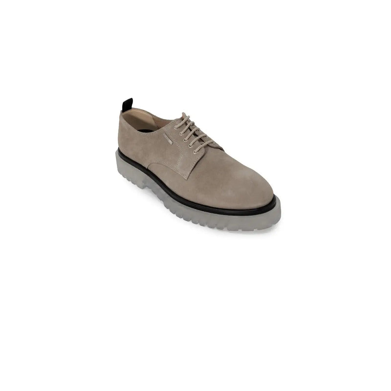 Antony Morato men beige leather lace-up shoe with beige suede upper, chunky gray rubber sole, and black trim detail