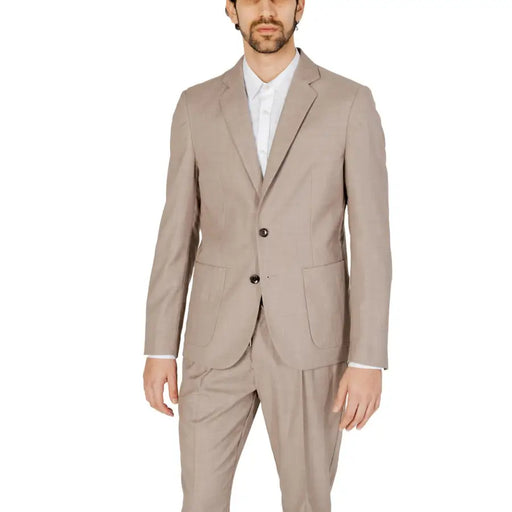 Antony Morato Veste blazer beige à deux boutons pour homme, en viscose mélangée, coupe ajustée, et pantalon assorti
