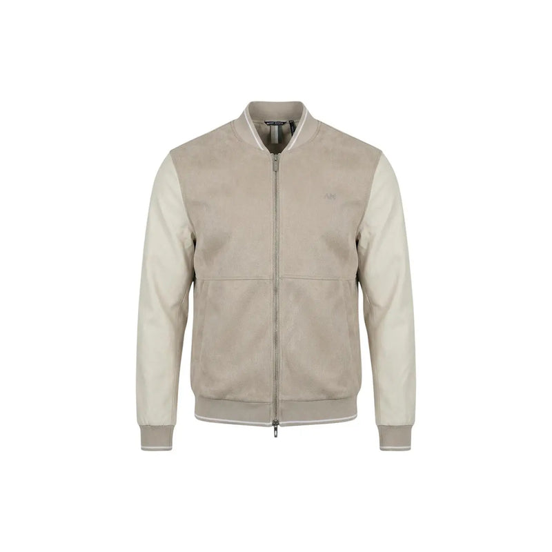 Antony Morato men beige two-tone suede bomber jacket with ribbed cuffs and hem polyester zip blazer