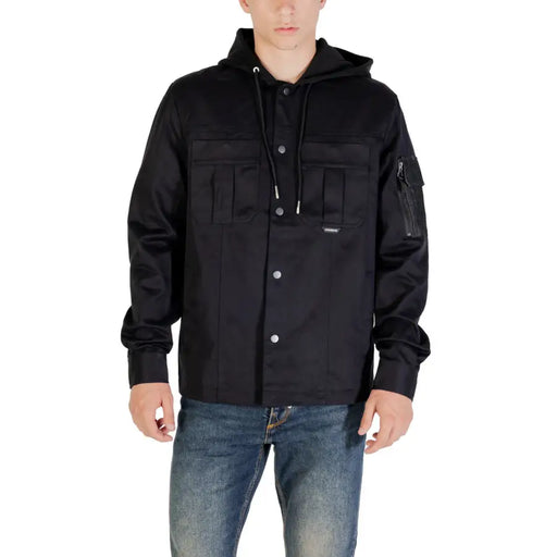 Men’s black hooded blazer with multiple pockets and silver buttons by Antony Morato