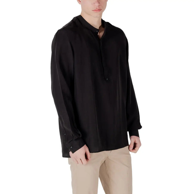 Antony Morato men shirt black long-sleeved button-up with mandarin collar and subtle sheen fabric