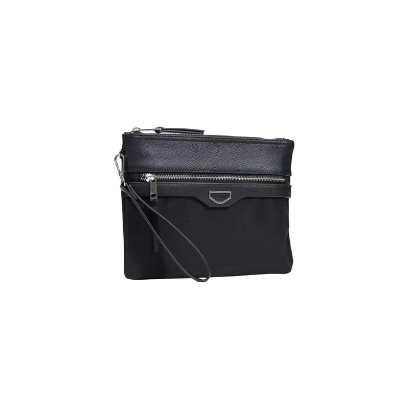 Antony Morato Pochette homme en polyamide noir avec cuir texturé top fermeture éclair argentée sur le panneau et dragonne