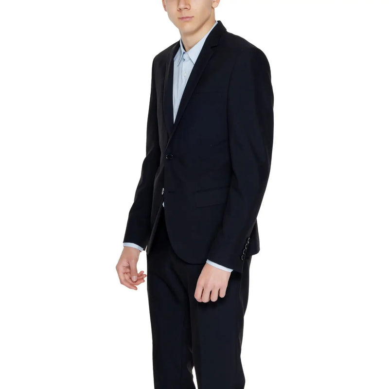 Antony Morato men black polyester blend tailored suit jacket with single button closure and notched lapels