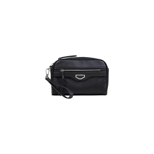 Antony Morato Pochette pour homme en cuir noir avec fermoir et tirette de fermeture éclair en métal argenté, présentée dans un sac bandoulière zippé.
