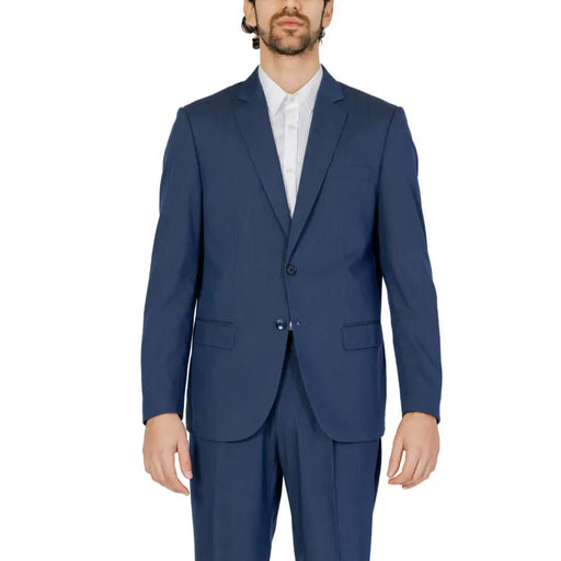 Antony morato Blazer homme bleu marine classique, coupe slim, en viscose, veste de costume deux boutons à texture subtile et pantalon assorti.