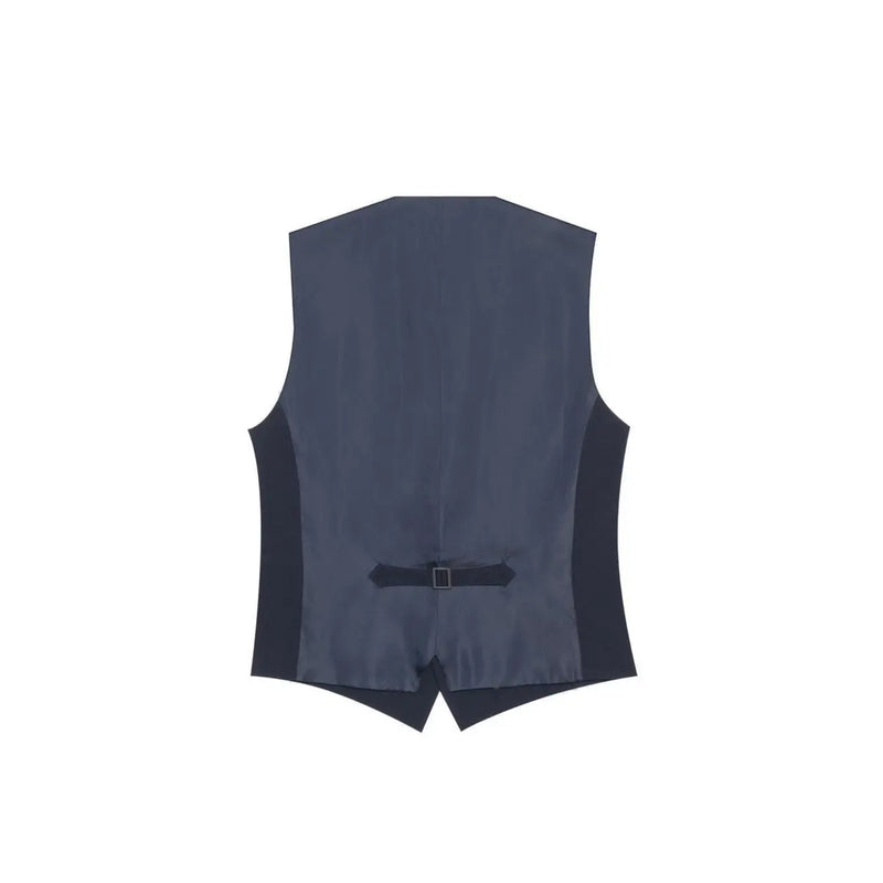 Antony Morato Gilet sans manches en satin bleu pour homme, avec empiècements latéraux noirs et boucle de ceinture assortie à la taille.