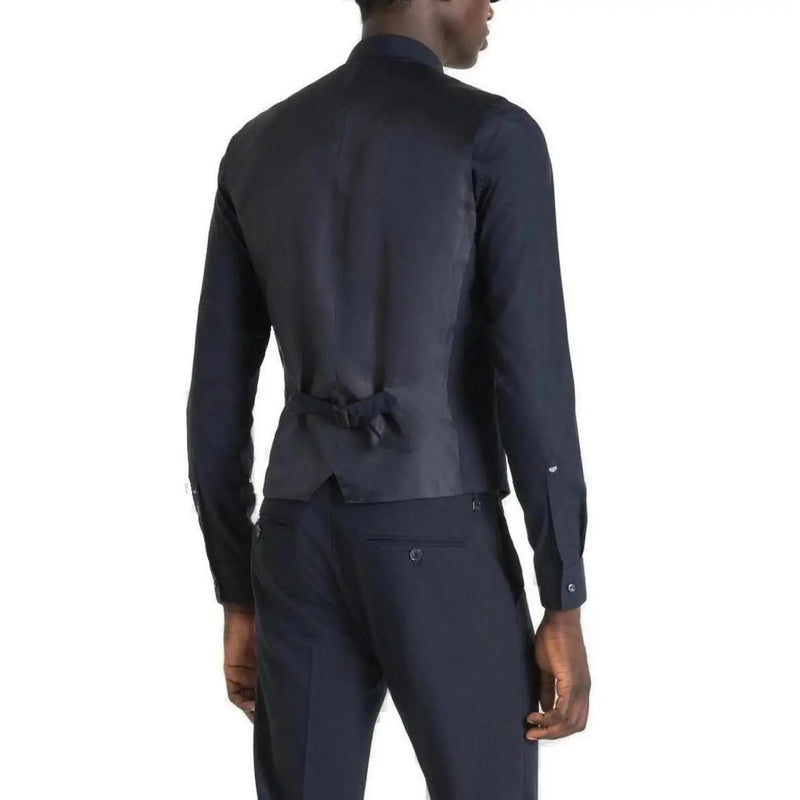 Antony morato Gilet sans manches bleu marine à boutons pour homme, en tissu bleu marine ajusté, avec lien assorti au dos.