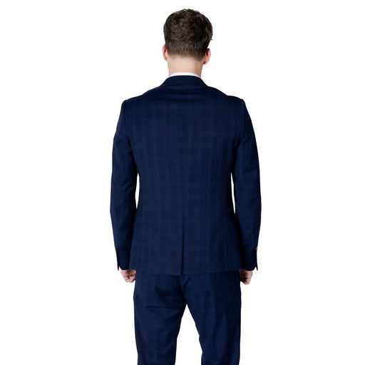 Antony Morato men blue checked blazer in a navy polyester blend with subtle vertical and horizontal stripes
