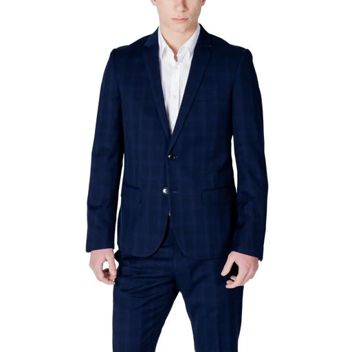 Antony Morato Veste blazer homme en polyester à carreaux bleu marine et fines rayures verticales, avec pantalon.