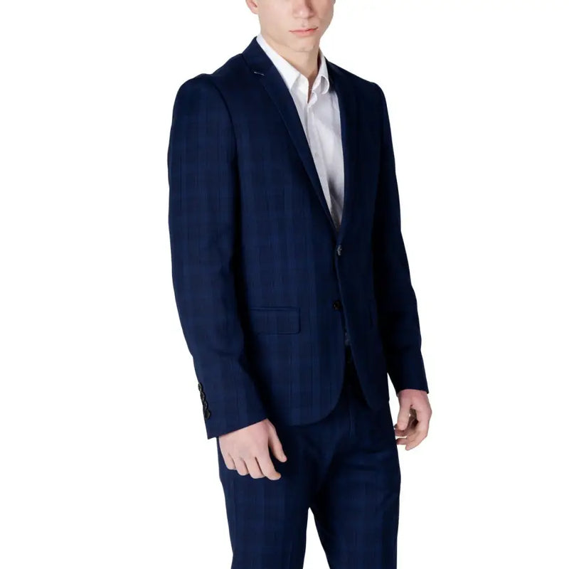 Antony Morato Veste blazer homme en polyester à carreaux bleus à la texture subtile et pantalon assorti à carreaux bleu marine.