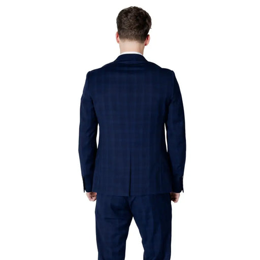 Antony morato Veste blazer homme en polyester à carreaux bleu marine avec de subtiles rayures verticales et horizontales.