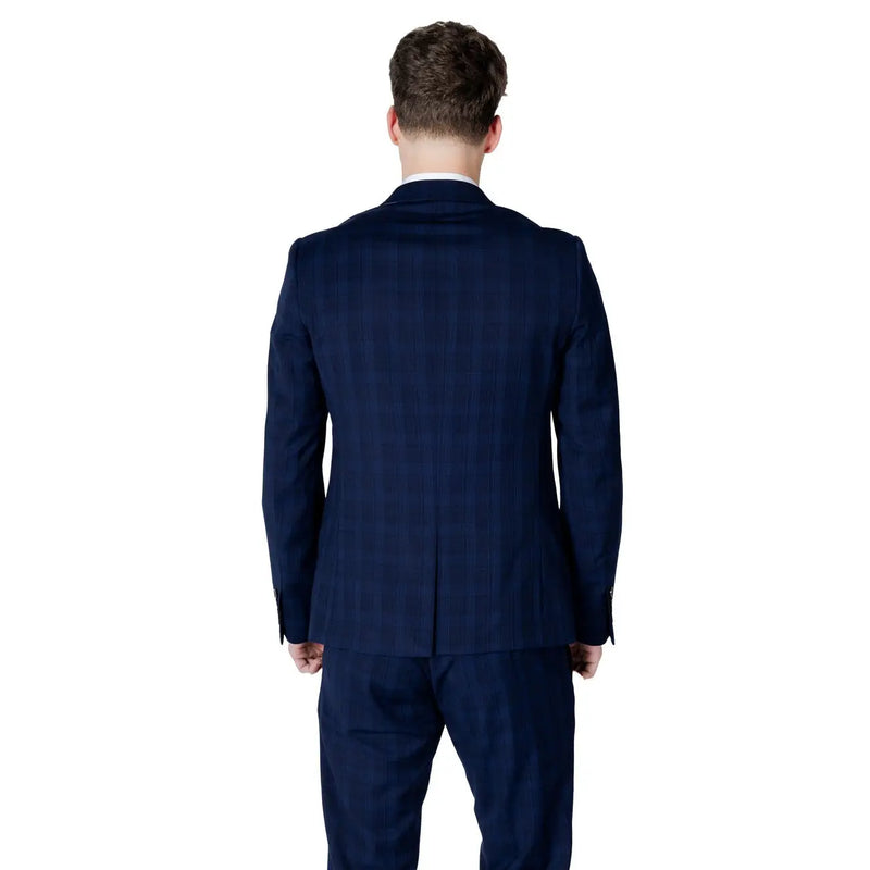 Antony morato men blue checked polyester blazer jacket featuring navy blue plaid with subtle vertical and horizontal stripes