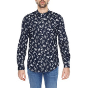 Antony Morato Chemise homme bleue en coton à manches longues et col mandarin, ornée d'un imprimé botanique blanc.