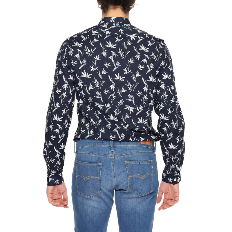 Antony Morato Chemise mandarine bleue en coton pour homme, à manches longues et boutons, ornée d'un motif de feuilles blanches.