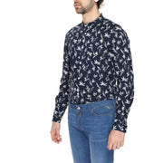 Antony Morato Chemise homme bleue en coton à manches longues, col mandarin et imprimé botanique blanc