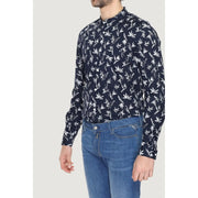 Antony Morato Chemise mandarine bleue en coton pour homme, manches longues bleu marine et motif botanique blanc