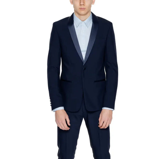 Veste de smoking bleu marine avec revers en satin et pantalon assorti de Antony Morato blazer long bleu à col à revers pour homme