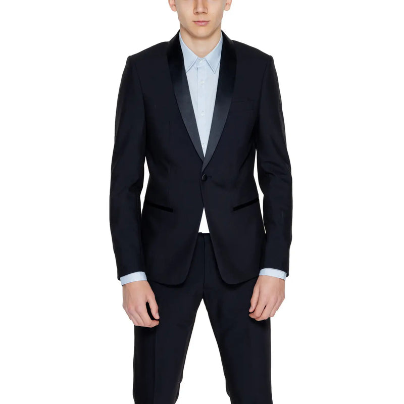Antony Morato men blue lapel collar long blazer jacket with black satin lapel tuxedo jacket over light blue shirt