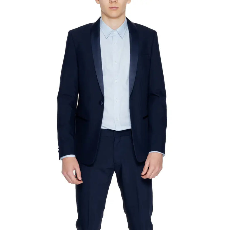 Antony Morato Veste de smoking bleue pour homme avec revers en satin bleu marine, coupe blazer long