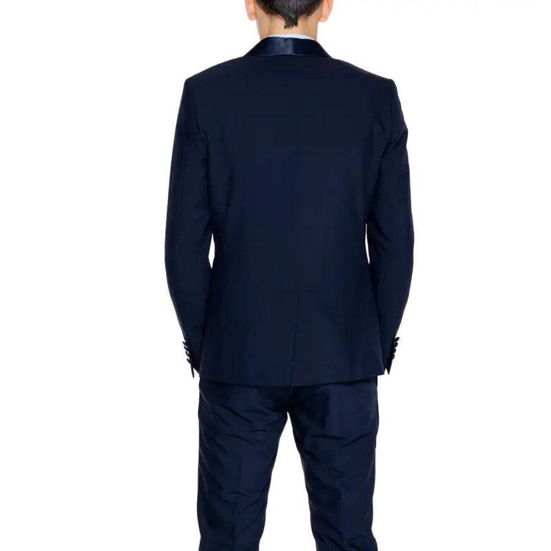 Antony Morato Veste blazer longue pour homme, bleu marine élégant, col à revers en satin et pantalon assorti.