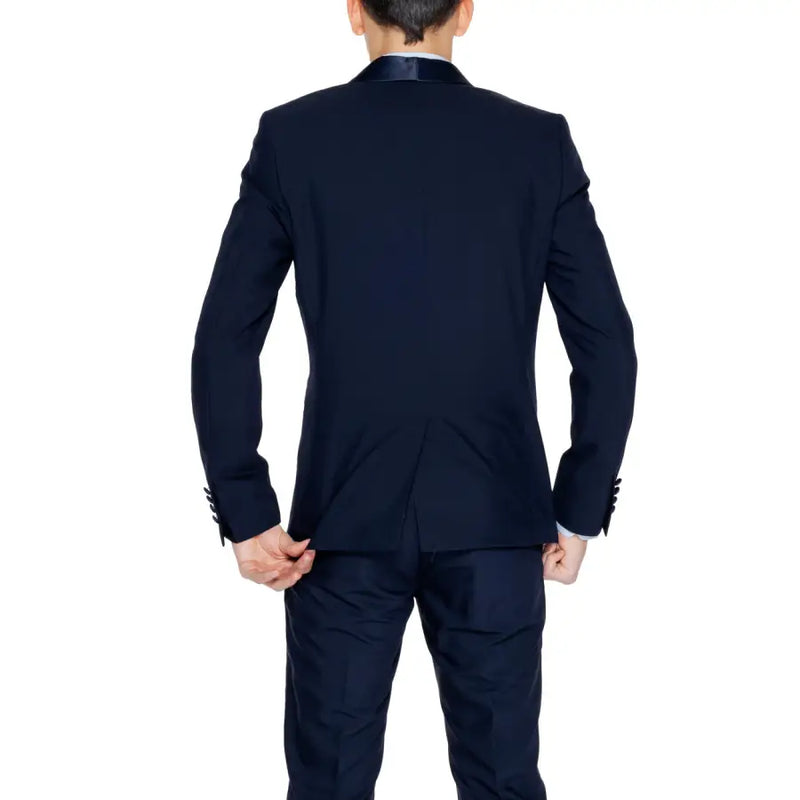 Antony Morato Veste blazer longue pour homme, bleu marine, à col à revers, en tissu élégant, avec col en satin et poignets boutonnés.