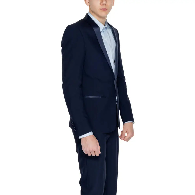 Antony Morato Veste de smoking bleu marine pour homme avec revers en satin et pantalon assorti de style blazer long