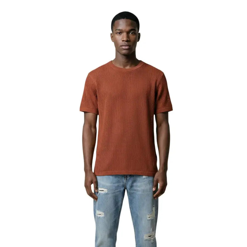 Antony Morato men cotton rust-colored ribbed knit short-sleeve t-shirt with round neck in beige shade