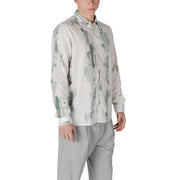 Antony Morato Chemise homme en mélange de coton vert avec un motif abstrait d'éclaboussures de peinture gris clair et blanc, manches longues