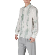 Antony Morato Chemise homme en mélange de coton vert, à manches longues blanches boutonnée, ornée d'un motif abstrait gris et vert clair.