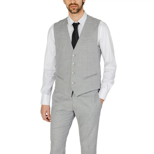 Antony Morato gilet sans manches gris texturé pour homme, avec cinq boutons argentés et deux poches avant