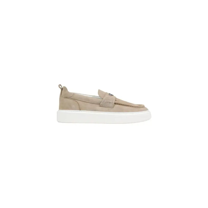 daim beige Antony Morato Mocassin homme à enfiler avec semelle en caoutchouc blanc et petit logo métallique sur la bride, taille MMFW01900