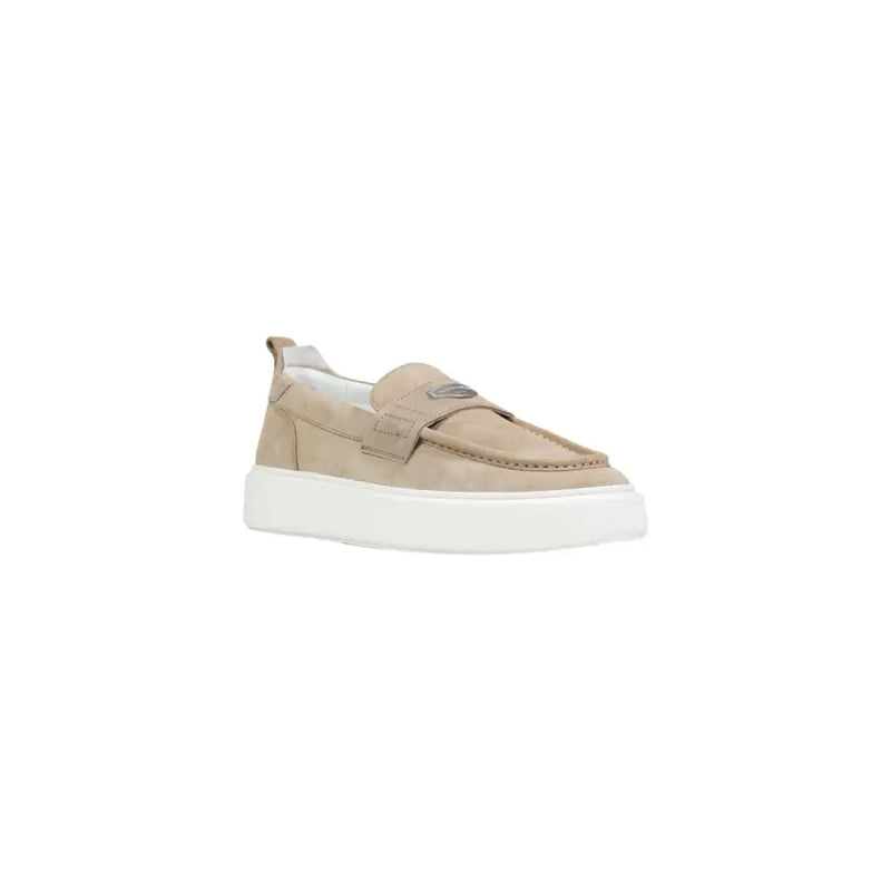 daim beige antony morato Mocassins en cuir pour hommes avec semelle plateforme blanche et logo métallique sur l'empeigne