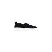 Antony Morato men leather moccasin shoes in black suede with white platform sole and metallic emblem on toe