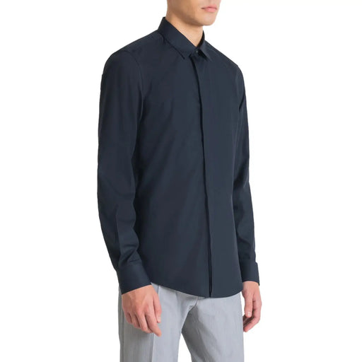 Antony Morato men shirt in sleek dark navy long-sleeved cotton with classic collar and button-down front