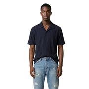 Antony Morato Chemise homme bleu marine foncé à manches courtes boutonnée, à texture côtelée verticale, idéale pour une tenue décontractée.