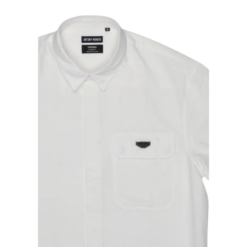 Coton blanc Antony Morato Chemise homme avec étiquette de marque noire et rabat de poche poitrine noir assorti