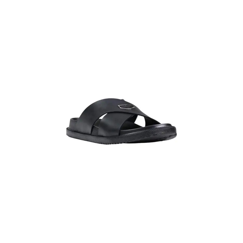 Antony Morato Pantoufles pour hommes Kry, sandales à enfiler en cuir noir, au design minimaliste et élégant, ornées d'un logo métallique.