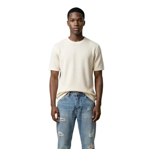 Antony Morato men t-shirt cream-colored ribbed knit short sleeve casual wear cotton blend fabric