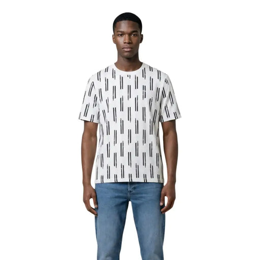 Antony Morato men t-shirt white short-sleeved cotton with black vertical stripe pattern front view