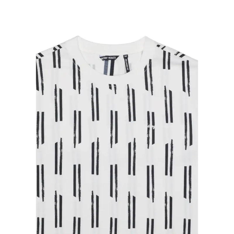 Antony Morato men t-shirt white cotton with black brushstroke vertical stripes and small chest embroidered logo