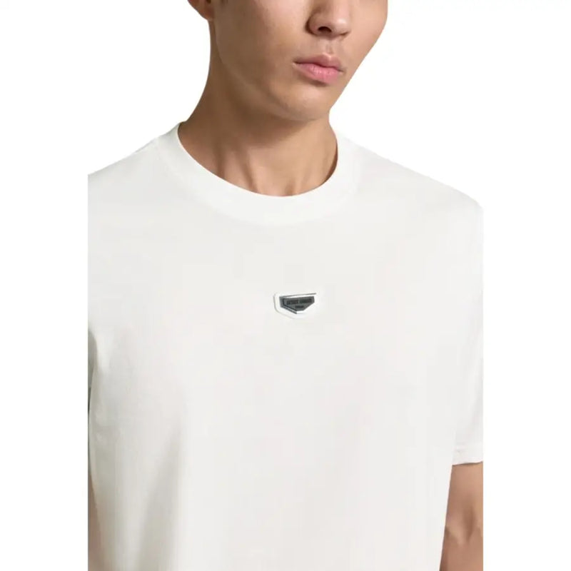 Antony Morato men t-shirt white crew neck with small dark gray shield logo patch on left chest