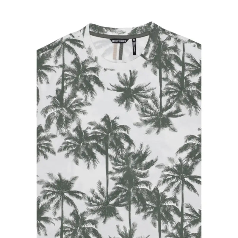 Antony Morato men t-shirt in white cotton featuring a black palm tree print on the front