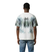 Antony Morato hommes t-shirt T-shirt blanc à manches courtes avec un imprimé abstrait symétrique de feuilles de palmier vertes et grises