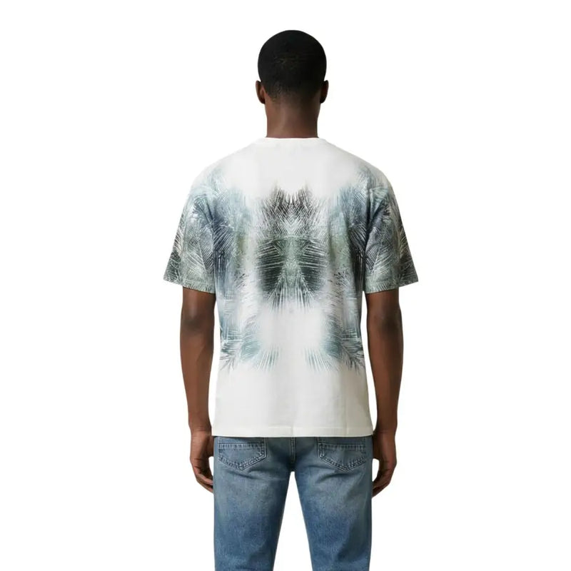Antony Morato hommes t-shirt T-shirt blanc à manches courtes avec un imprimé abstrait symétrique de feuilles de palmier vertes et grises