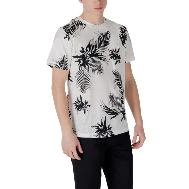 Antony Morato hommes t-shirt en tissu confortable blanc à imprimé de feuilles et de fleurs tropicales noires