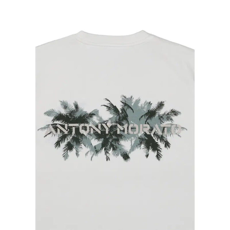 White cotton men t-shirt by Antony Morato featuring gray and black palm tree graphic print with Antony Morato text