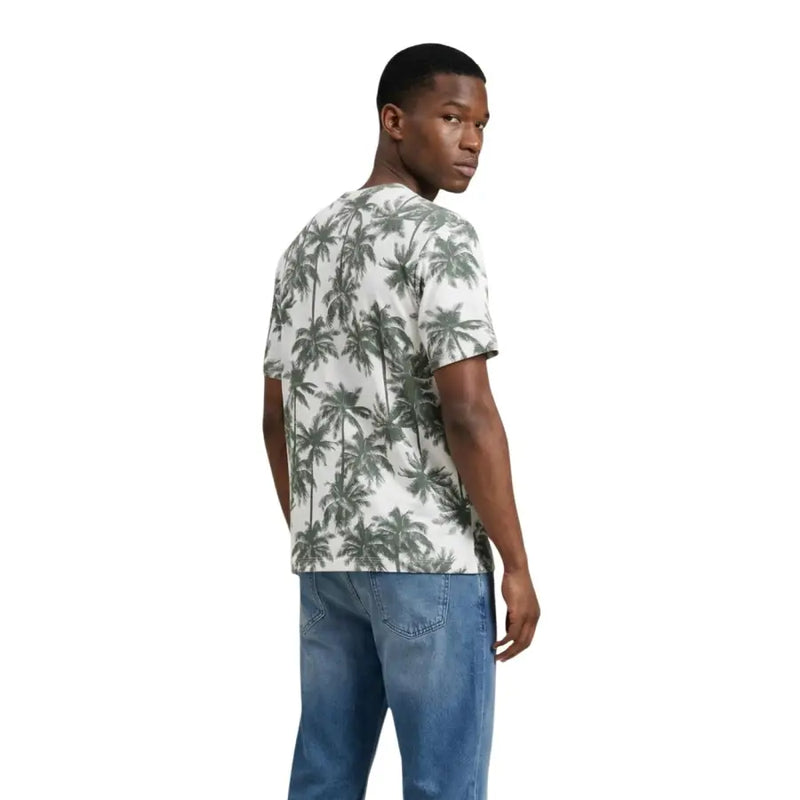 Antony Morato men t-shirt in white cotton with a repeating dark green palm tree pattern and short sleeves